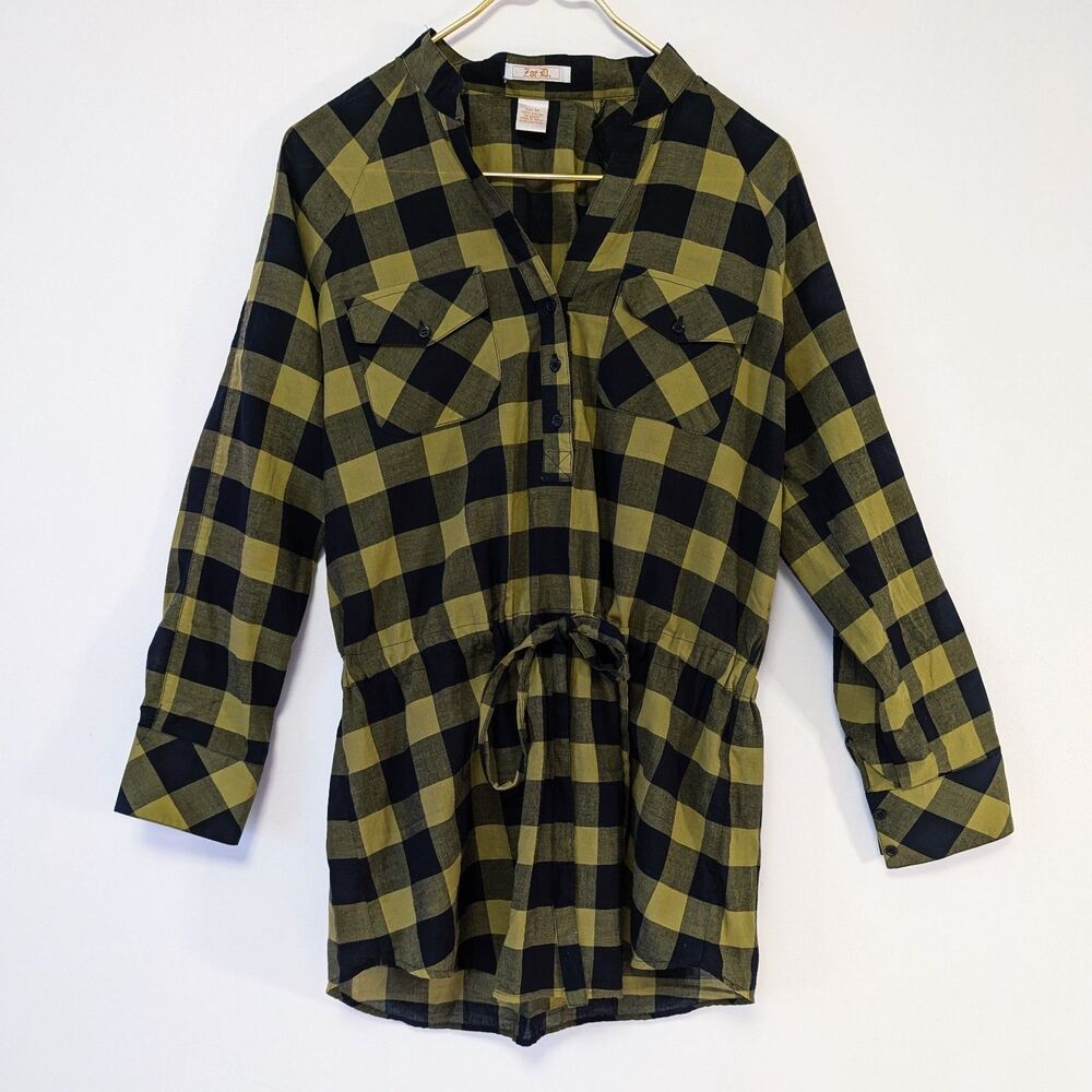 Zoe D Olive Green & Black Gingham Oversized Drawstring Waist Button Down Shirt